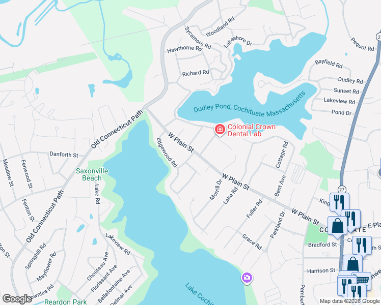 map of restaurants, bars, coffee shops, grocery stores, and more near 14 Ridgefield Road in Wayland