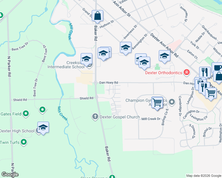 map of restaurants, bars, coffee shops, grocery stores, and more near 2470 Walkabout Creek Way in Dexter