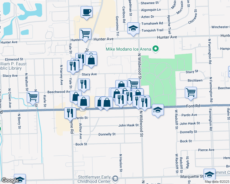 map of restaurants, bars, coffee shops, grocery stores, and more near 5708 East Hampton Court in Westland