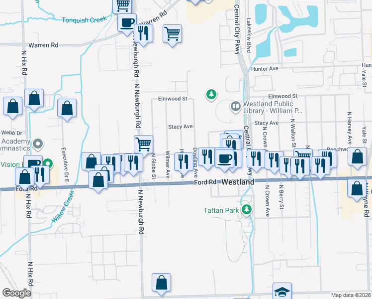 map of restaurants, bars, coffee shops, grocery stores, and more near 5746 Herbert Street in Westland