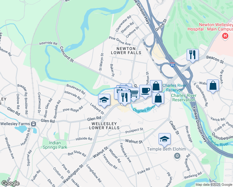 map of restaurants, bars, coffee shops, grocery stores, and more near in Newton
