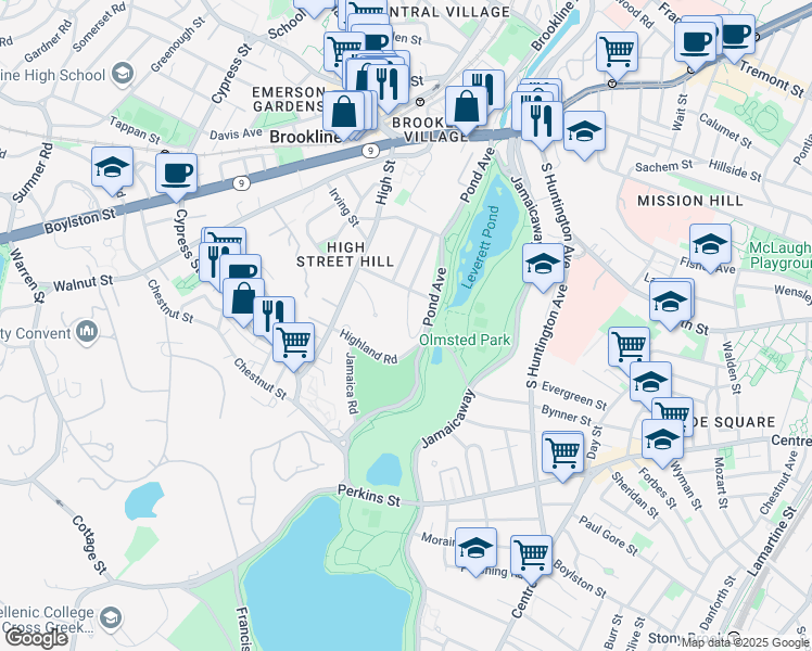 map of restaurants, bars, coffee shops, grocery stores, and more near 89 Glen Road in Brookline