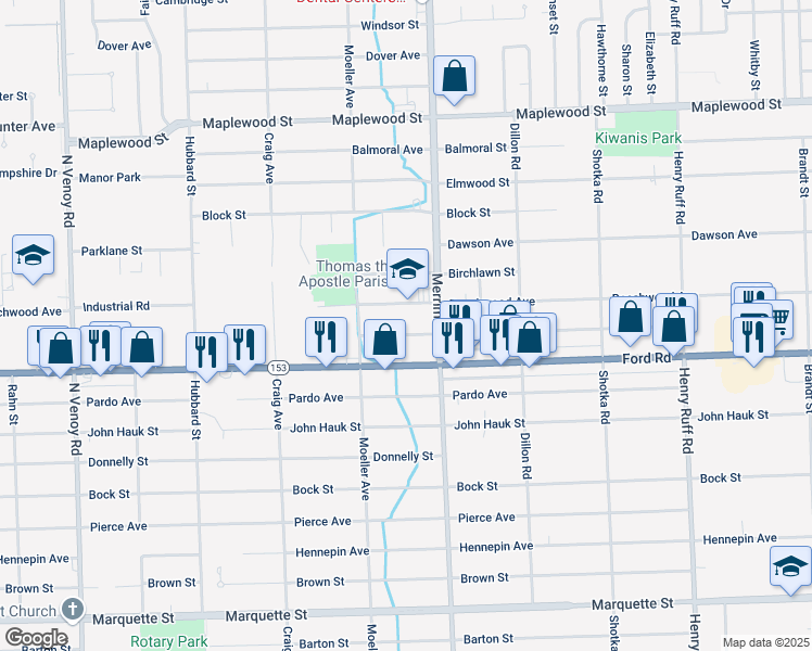 map of restaurants, bars, coffee shops, grocery stores, and more near 31500 Beechwood Avenue in Garden City