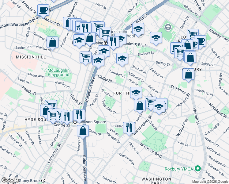 map of restaurants, bars, coffee shops, grocery stores, and more near 122 Cedar Street in Boston