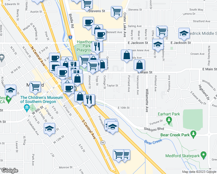 map of restaurants, bars, coffee shops, grocery stores, and more near 812 Taylor Street in Medford