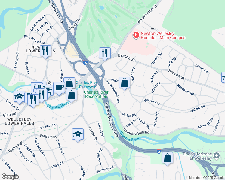map of restaurants, bars, coffee shops, grocery stores, and more near 45 East Quinobequin Road in Newton