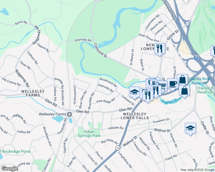 map of restaurants, bars, coffee shops, grocery stores, and more near 17 Boulevard Road in Wellesley