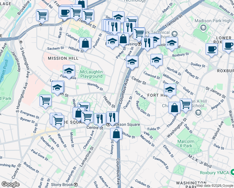 map of restaurants, bars, coffee shops, grocery stores, and more near New Heath Street in Boston