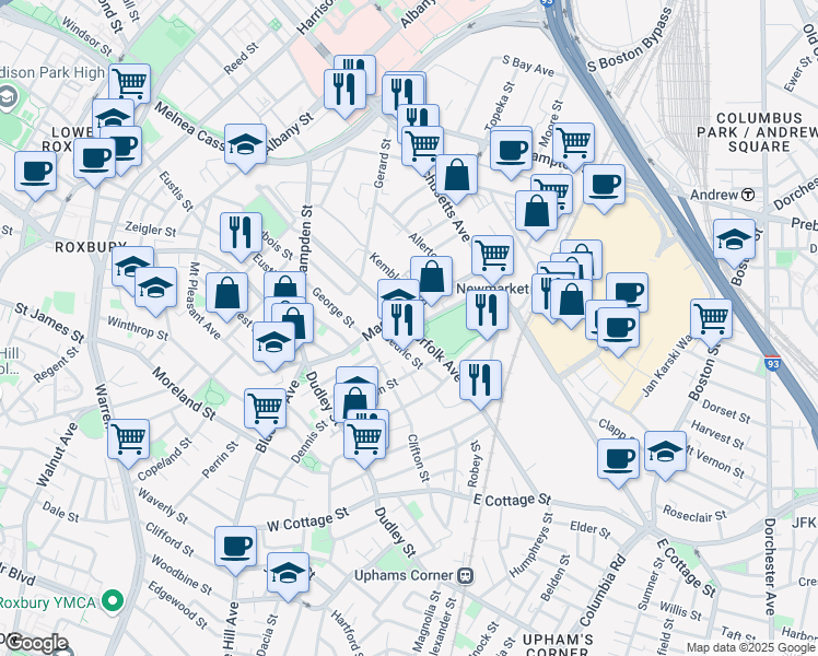map of restaurants, bars, coffee shops, grocery stores, and more near 159 Norfolk Avenue in Boston