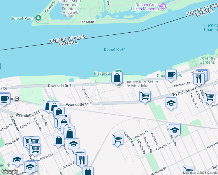 map of restaurants, bars, coffee shops, grocery stores, and more near 3663 Riverside Drive East in Windsor