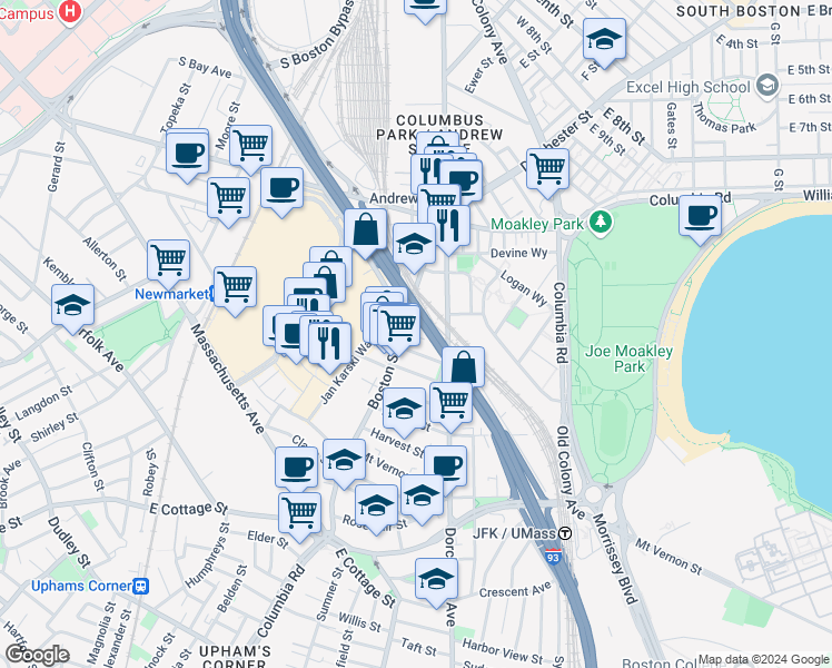 map of restaurants, bars, coffee shops, grocery stores, and more near 675 Dorchester Avenue in Boston