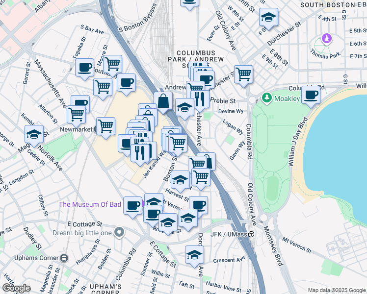map of restaurants, bars, coffee shops, grocery stores, and more near 675 Dorchester Avenue in Boston