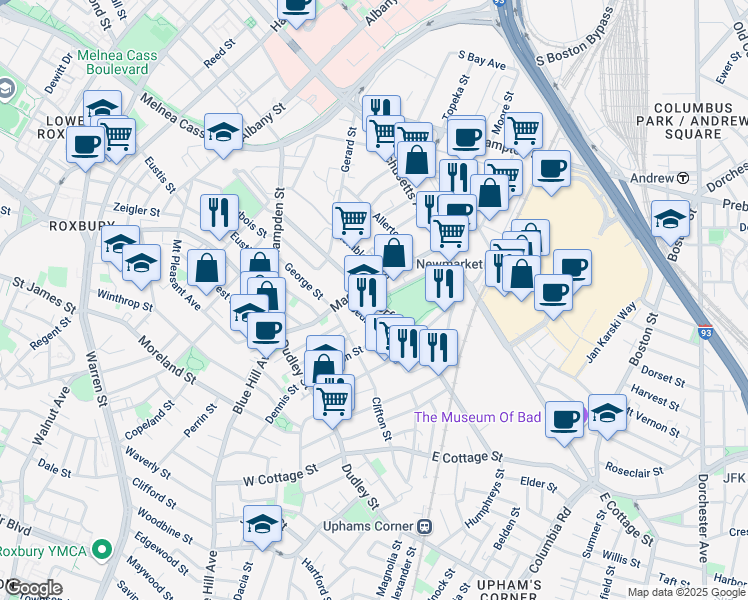 map of restaurants, bars, coffee shops, grocery stores, and more near 124 Norfolk Avenue in Boston