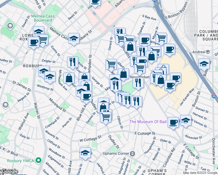 map of restaurants, bars, coffee shops, grocery stores, and more near 124 Norfolk Avenue in Boston