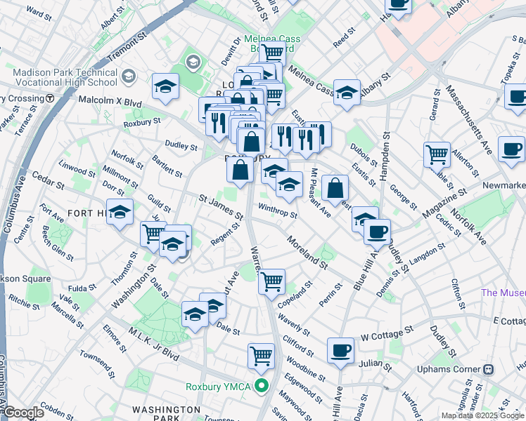 map of restaurants, bars, coffee shops, grocery stores, and more near 20 Kearsarge Avenue in Boston
