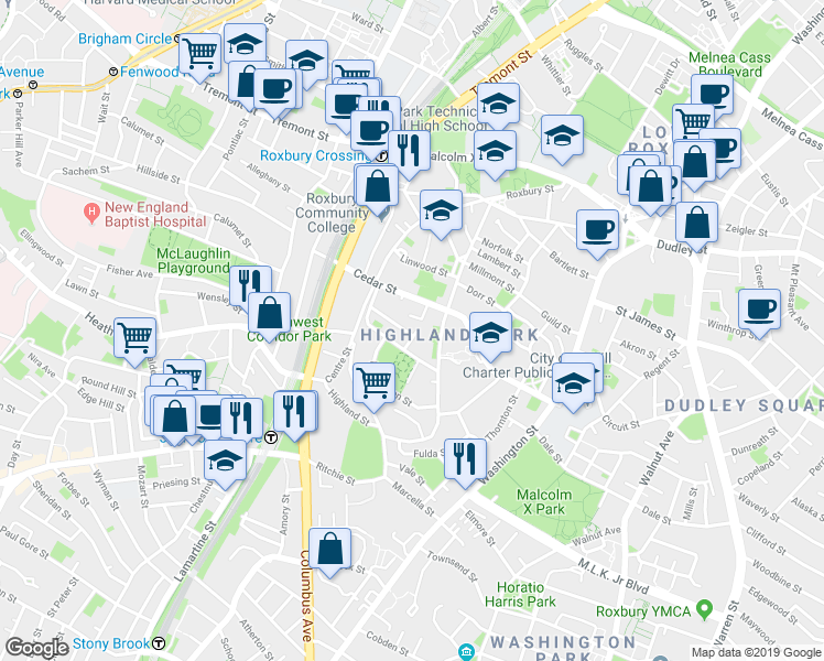map of restaurants, bars, coffee shops, grocery stores, and more near 122 Cedar Street in Boston