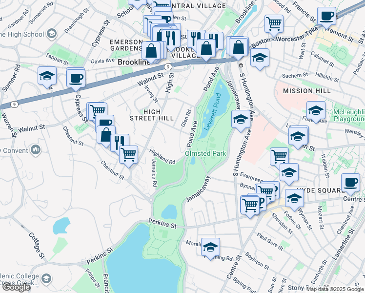 map of restaurants, bars, coffee shops, grocery stores, and more near 231 Pond Avenue in Brookline