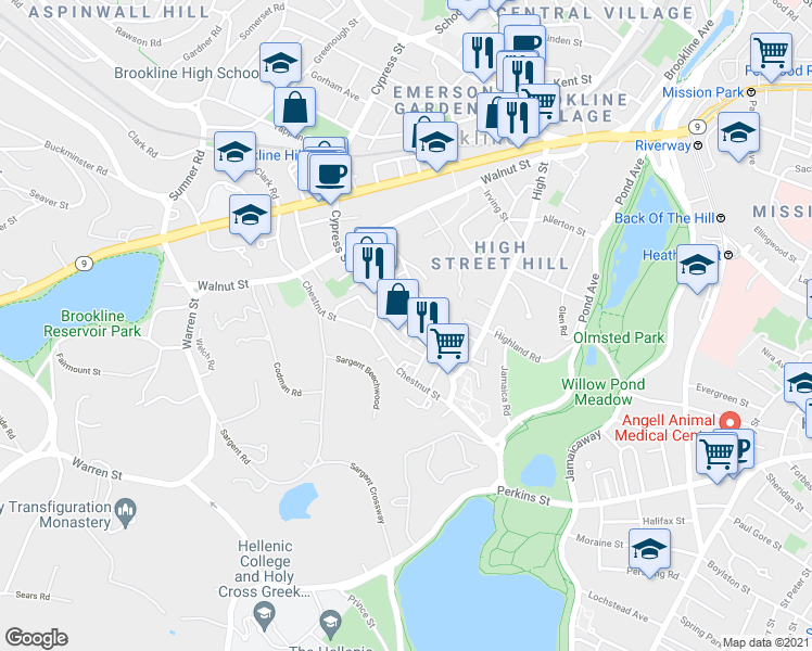 map of restaurants, bars, coffee shops, grocery stores, and more near 236 Cypress Street in Brookline