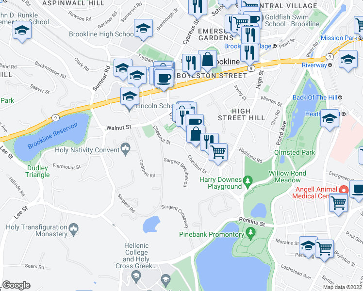 map of restaurants, bars, coffee shops, grocery stores, and more near 25 Prince Street in Brookline