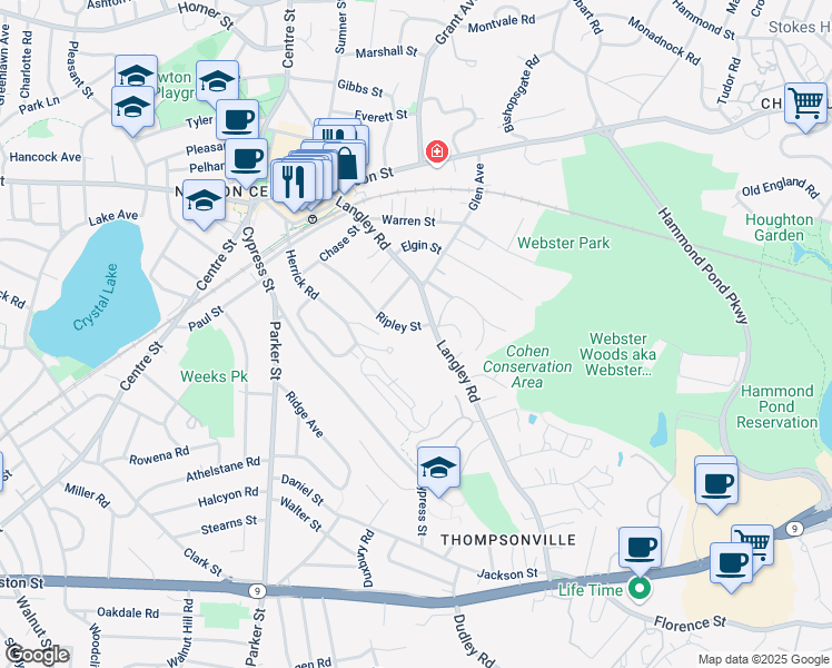 map of restaurants, bars, coffee shops, grocery stores, and more near 177 Langley Road in Newton