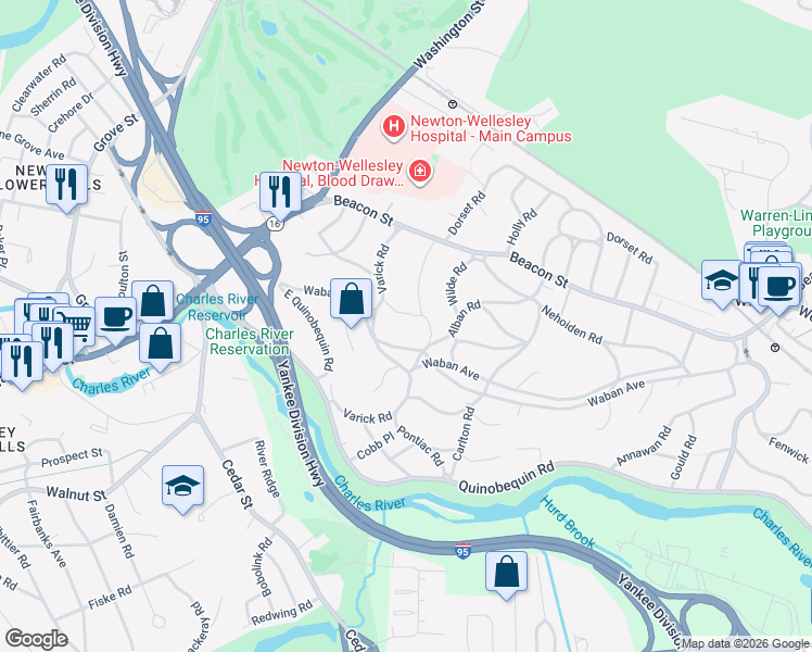 map of restaurants, bars, coffee shops, grocery stores, and more near 124 Neshobe Road in Newton