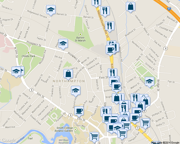 map of restaurants, bars, coffee shops, grocery stores, and more near 12 Perkins Avenue in Northampton