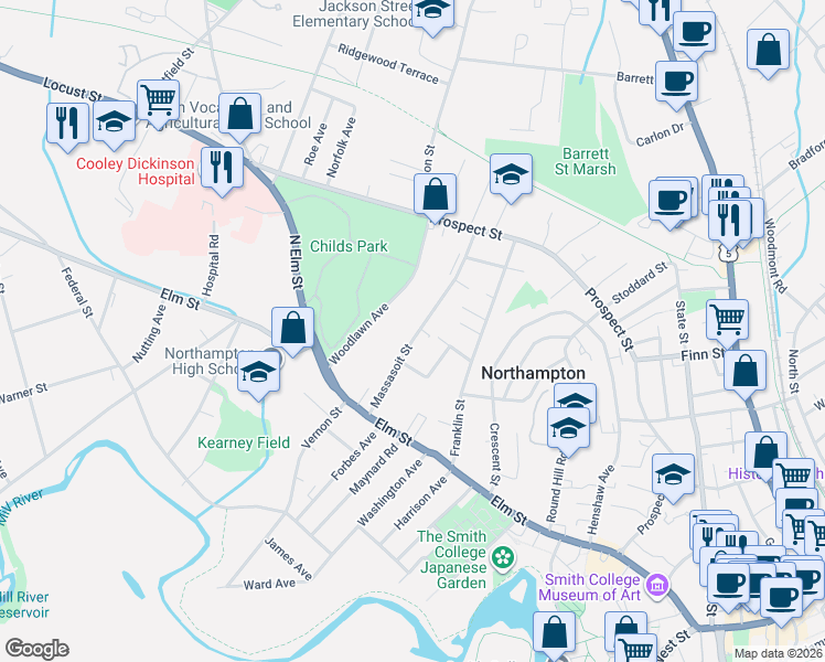 map of restaurants, bars, coffee shops, grocery stores, and more near 67 Woodlawn Avenue in Northampton