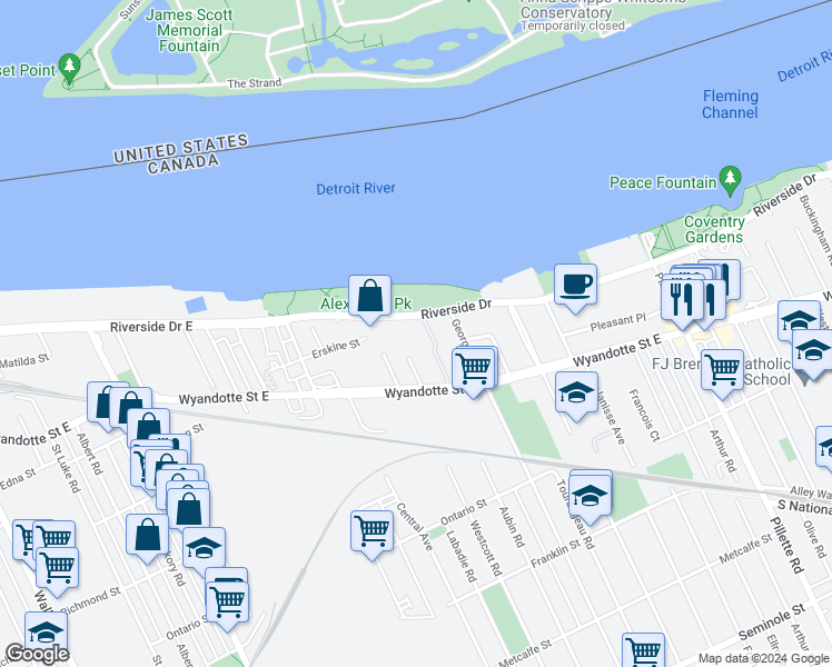 map of restaurants, bars, coffee shops, grocery stores, and more near 3915 Riverside Drive East in Windsor