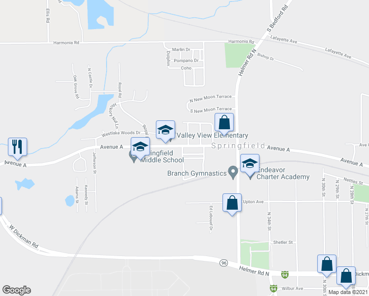 map of restaurants, bars, coffee shops, grocery stores, and more near 104 Sundown Street in Springfield