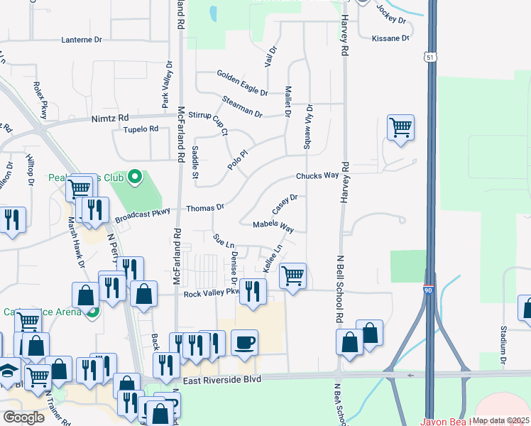 map of restaurants, bars, coffee shops, grocery stores, and more near 7334 Casey Drive in Loves Park