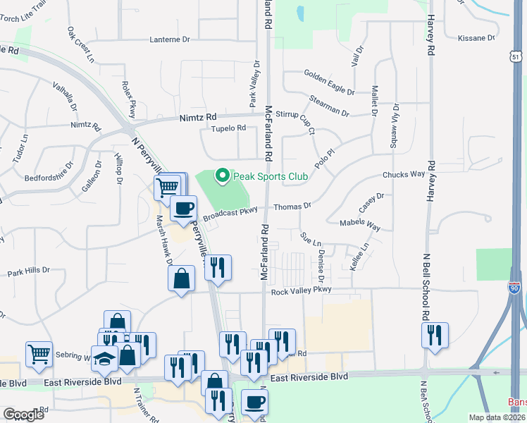 map of restaurants, bars, coffee shops, grocery stores, and more near 7012 Thomas Drive in Loves Park