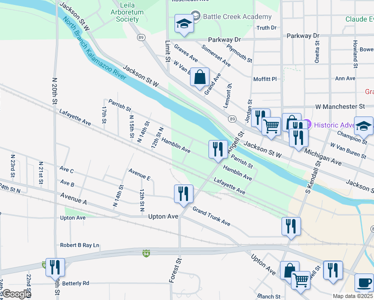map of restaurants, bars, coffee shops, grocery stores, and more near 260 Parrish Street in Battle Creek