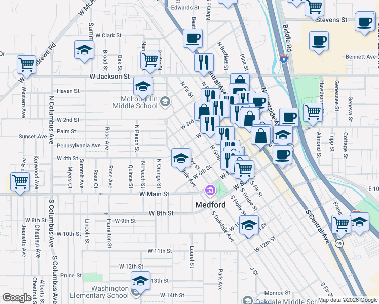 map of restaurants, bars, coffee shops, grocery stores, and more near 220 North Ivy Street in Medford