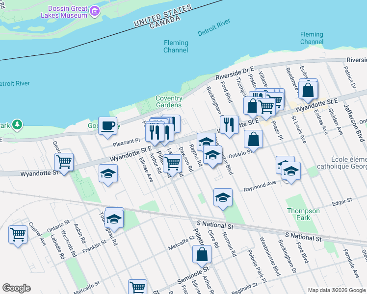 map of restaurants, bars, coffee shops, grocery stores, and more near 816 Dawson Road in Windsor