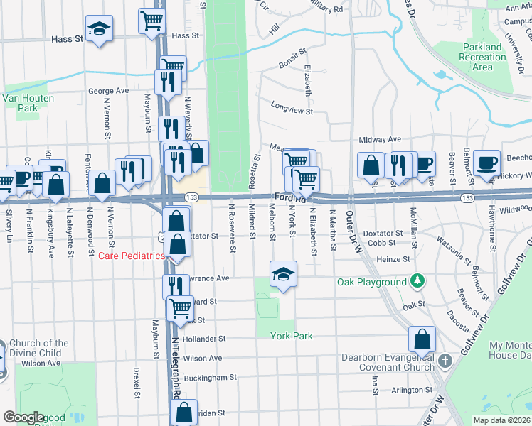 map of restaurants, bars, coffee shops, grocery stores, and more near 3499 North Melborn Street in Dearborn Heights