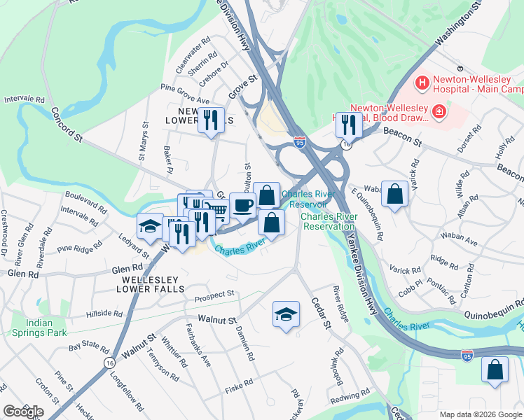 map of restaurants, bars, coffee shops, grocery stores, and more near 11 Gail Road in Newton