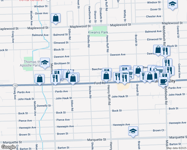 map of restaurants, bars, coffee shops, grocery stores, and more near 30621 Beechwood Avenue in Garden City