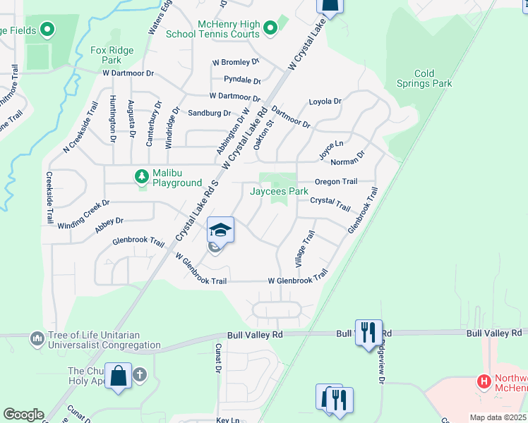 map of restaurants, bars, coffee shops, grocery stores, and more near 210 Barnwood Trail in McHenry