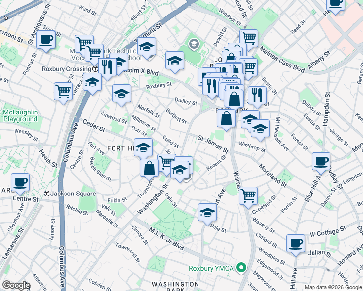 map of restaurants, bars, coffee shops, grocery stores, and more near 2565 Washington Street in Boston