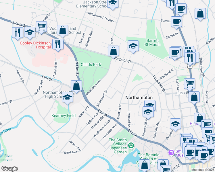 map of restaurants, bars, coffee shops, grocery stores, and more near 67 Woodlawn Avenue in Northampton