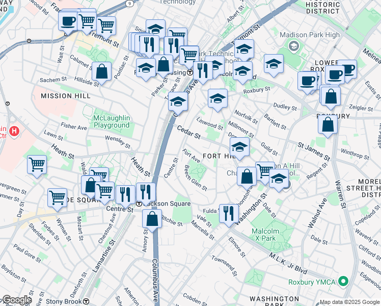 map of restaurants, bars, coffee shops, grocery stores, and more near 8 Highland Park Avenue in Boston