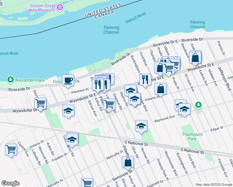 map of restaurants, bars, coffee shops, grocery stores, and more near 4900 Wyandotte Street East in Windsor