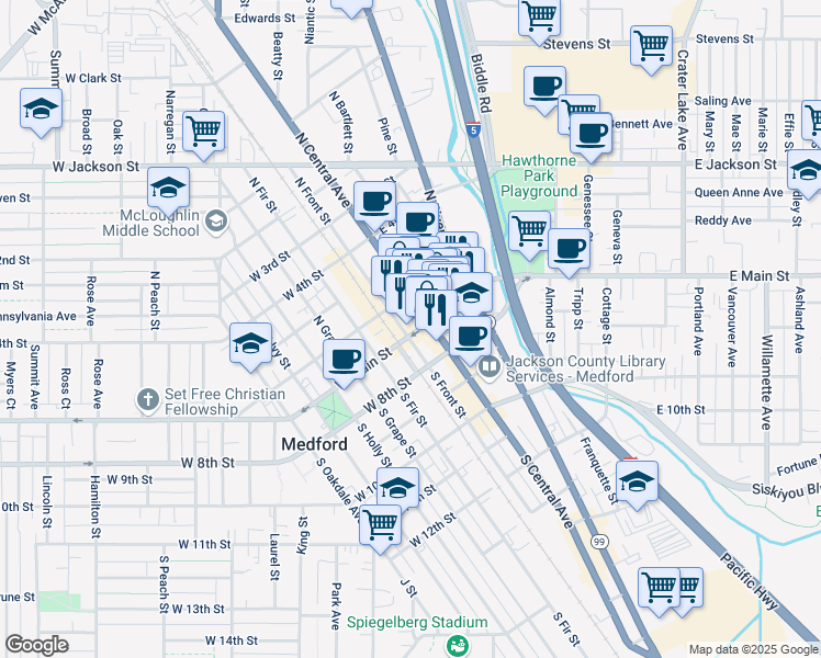 map of restaurants, bars, coffee shops, grocery stores, and more near 107 East Main Street in Medford