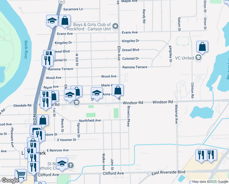 map of restaurants, bars, coffee shops, grocery stores, and more near 1009 Marie Avenue in Machesney Park