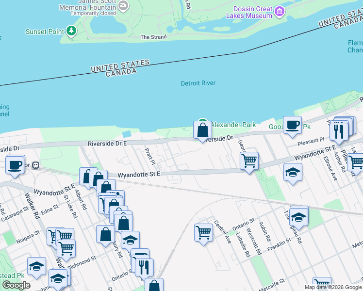 map of restaurants, bars, coffee shops, grocery stores, and more near 3601 Riverside Drive East in Windsor