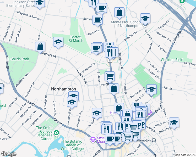 map of restaurants, bars, coffee shops, grocery stores, and more near 250 State Street in Northampton