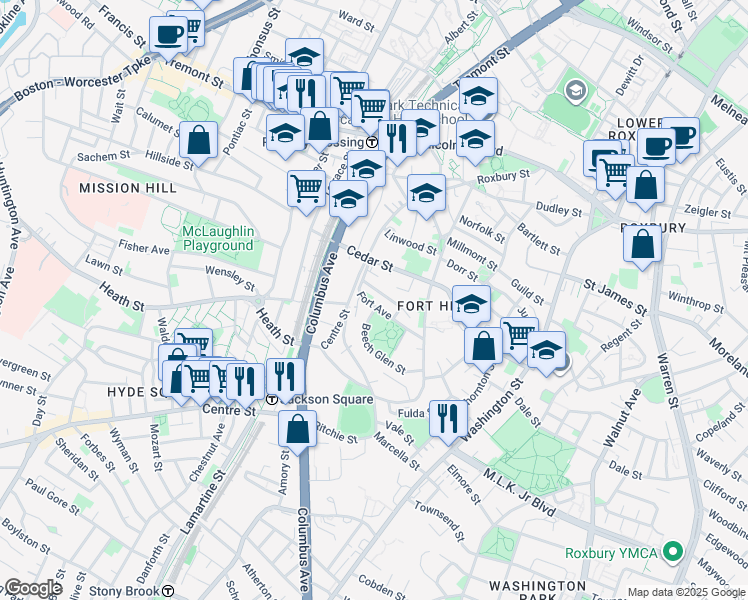 map of restaurants, bars, coffee shops, grocery stores, and more near 59 Fort Avenue in Boston