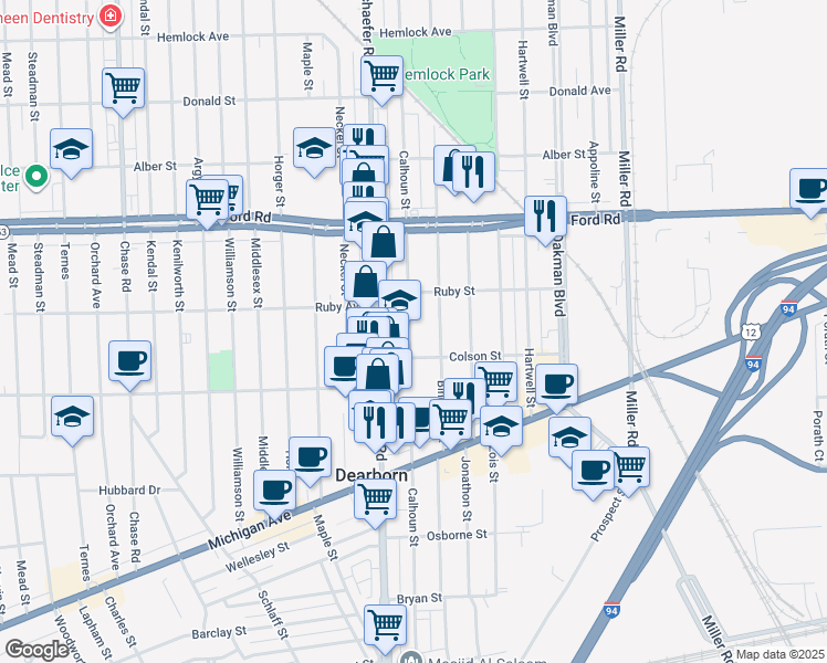 map of restaurants, bars, coffee shops, grocery stores, and more near 5301 Calhoun Street in Dearborn