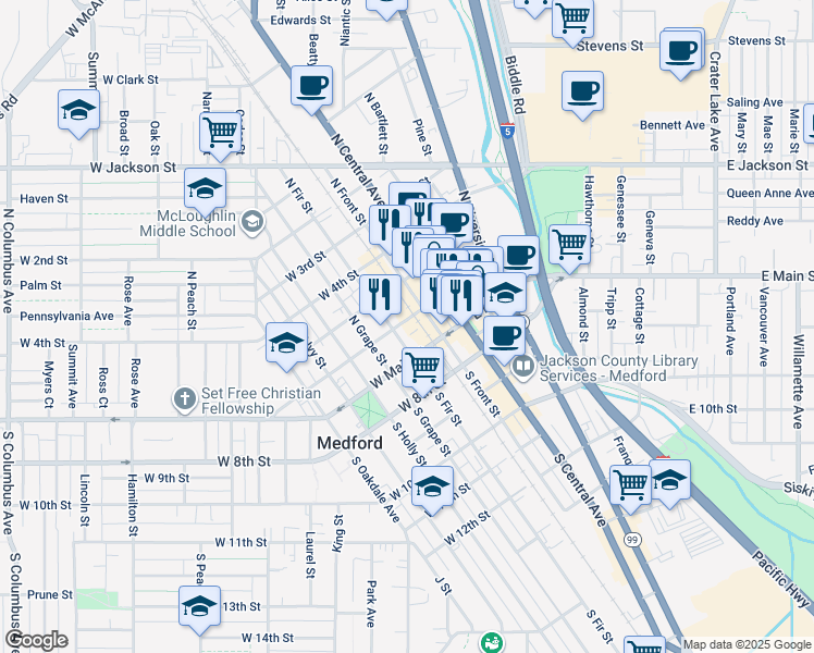 map of restaurants, bars, coffee shops, grocery stores, and more near 100 East 6th Street in Medford