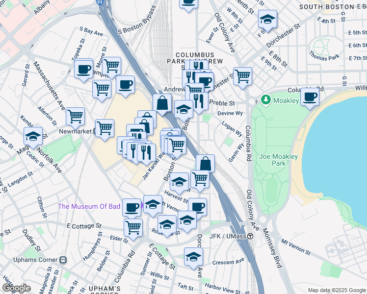 map of restaurants, bars, coffee shops, grocery stores, and more near 675 Dorchester Avenue in Boston
